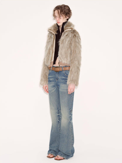 RUN TO THE FUTURE Vintage Washed Low Rise Slim Fit Slight Stretch Denim Retro Blue Flare Jeans