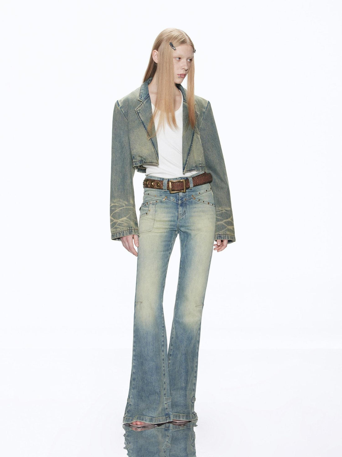 RUN TO THE FUTURE Vintage Washed Low Rise Slim Fit Slight Stretch Women Denim Blue Flare Jeans