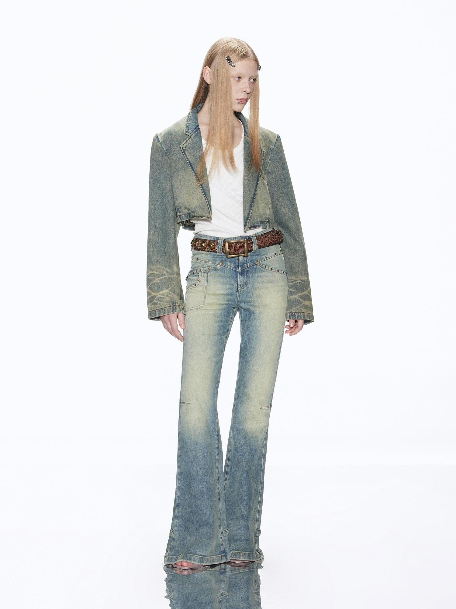 RUN TO THE FUTURE Vintage Washed Low Rise Slim Fit Slight Stretch Women Denim Blue Flare Jeans
