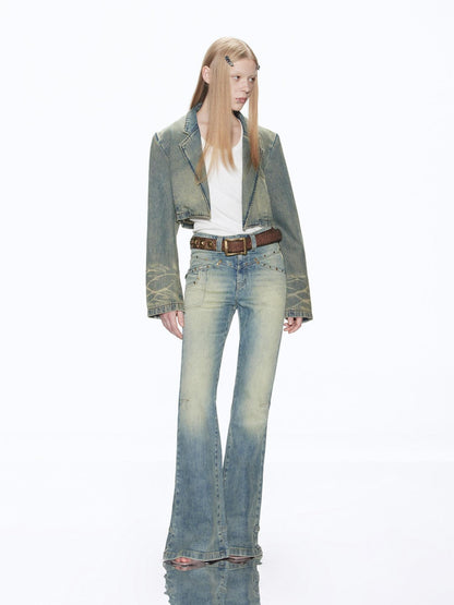 RUN TO THE FUTURE Vintage Washed Low Rise Slim Fit Slight Stretch Women Denim Blue Flare Jeans