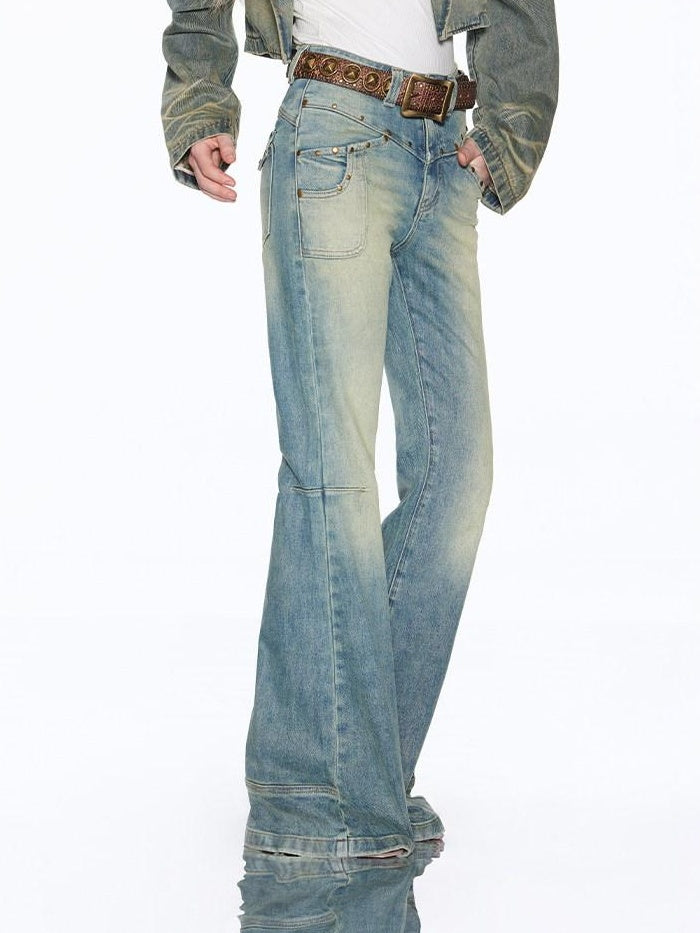 RUN TO THE FUTURE Vintage Washed Low Rise Slim Fit Slight Stretch Women Denim Blue Flare Jeans