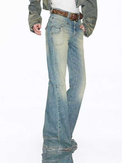 RUN TO THE FUTURE Vintage Washed Low Rise Slim Fit Slight Stretch Women Denim Blue Flare Jeans