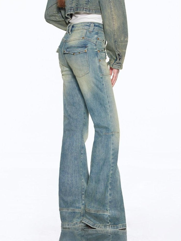 RUN TO THE FUTURE Vintage Washed Low Rise Slim Fit Slight Stretch Women Denim Blue Flare Jeans
