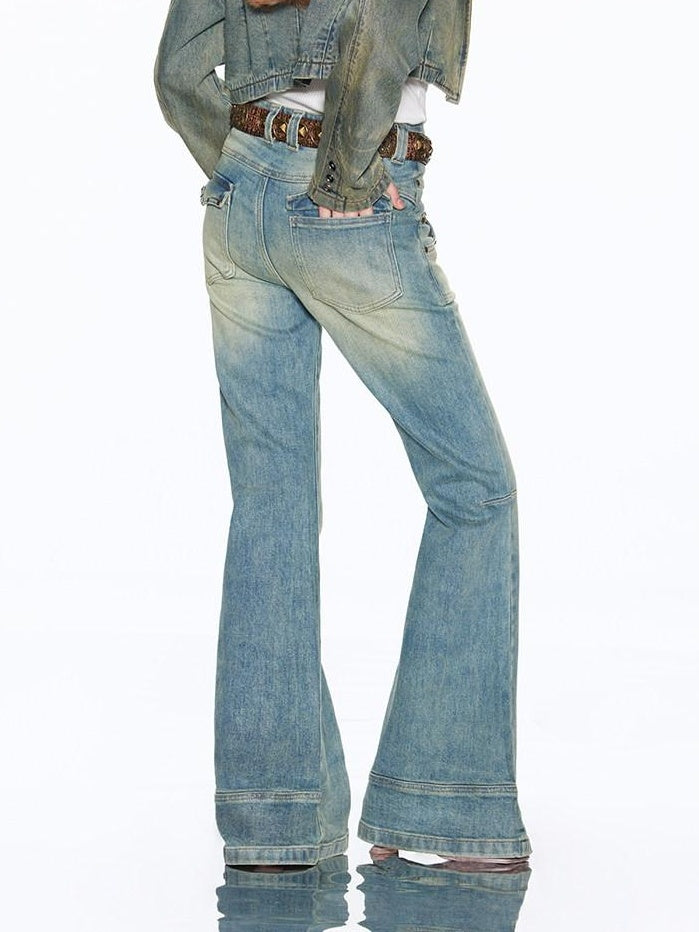 RUN TO THE FUTURE Vintage Washed Low Rise Slim Fit Slight Stretch Women Denim Blue Flare Jeans