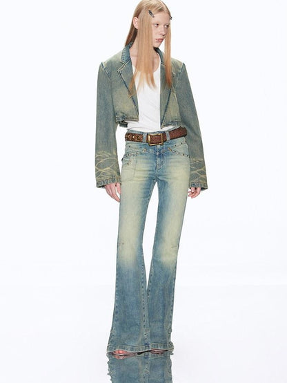 RUN TO THE FUTURE Vintage Washed Low Rise Slim Fit Slight Stretch Women Denim Blue Flare Jeans