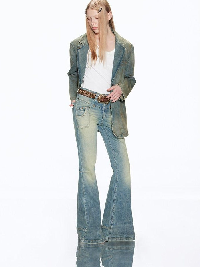 RUN TO THE FUTURE Vintage Washed Low Rise Slim Fit Slight Stretch Women Denim Blue Flare Jeans