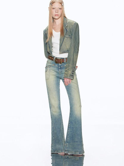 RUN TO THE FUTURE Vintage Washed Low Rise Slim Fit Slight Stretch Women Denim Blue Flare Jeans