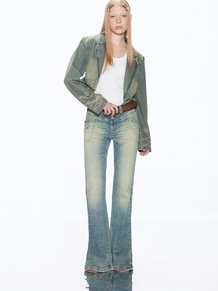RUN TO THE FUTURE Vintage Washed Low Rise Slim Fit Slight Stretch Women Denim Blue Flare Jeans