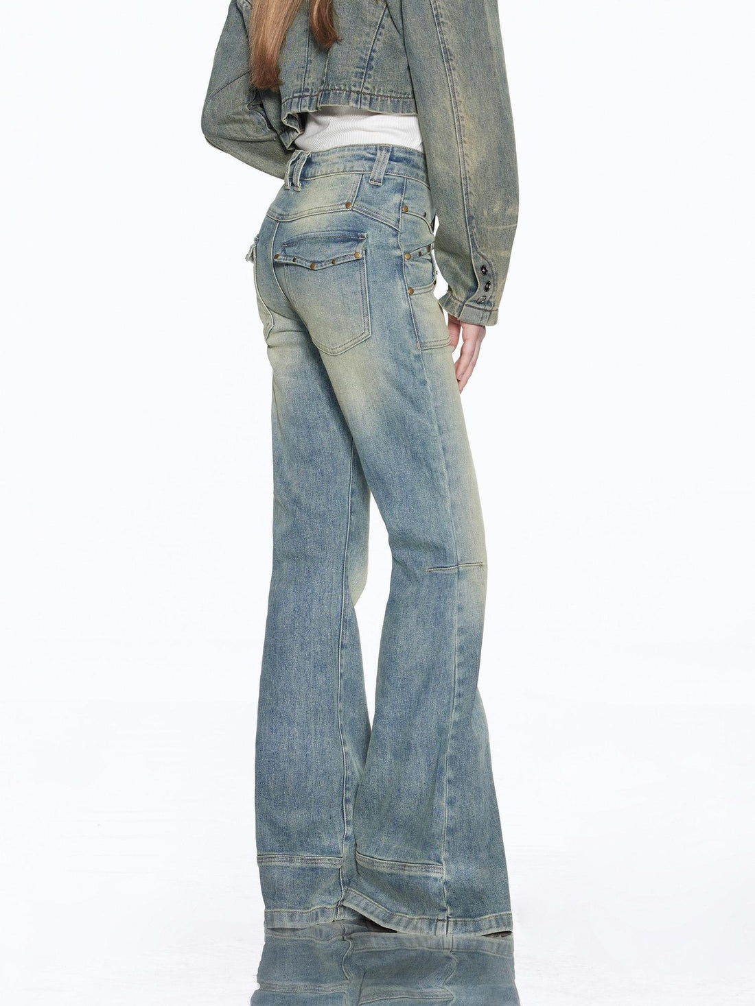 RUN TO THE FUTURE Vintage Washed Low Rise Slim Fit Slight Stretch Women Denim Blue Flare Jeans