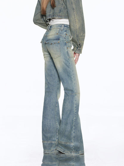 RUN TO THE FUTURE Vintage Washed Low Rise Slim Fit Slight Stretch Women Denim Blue Flare Jeans