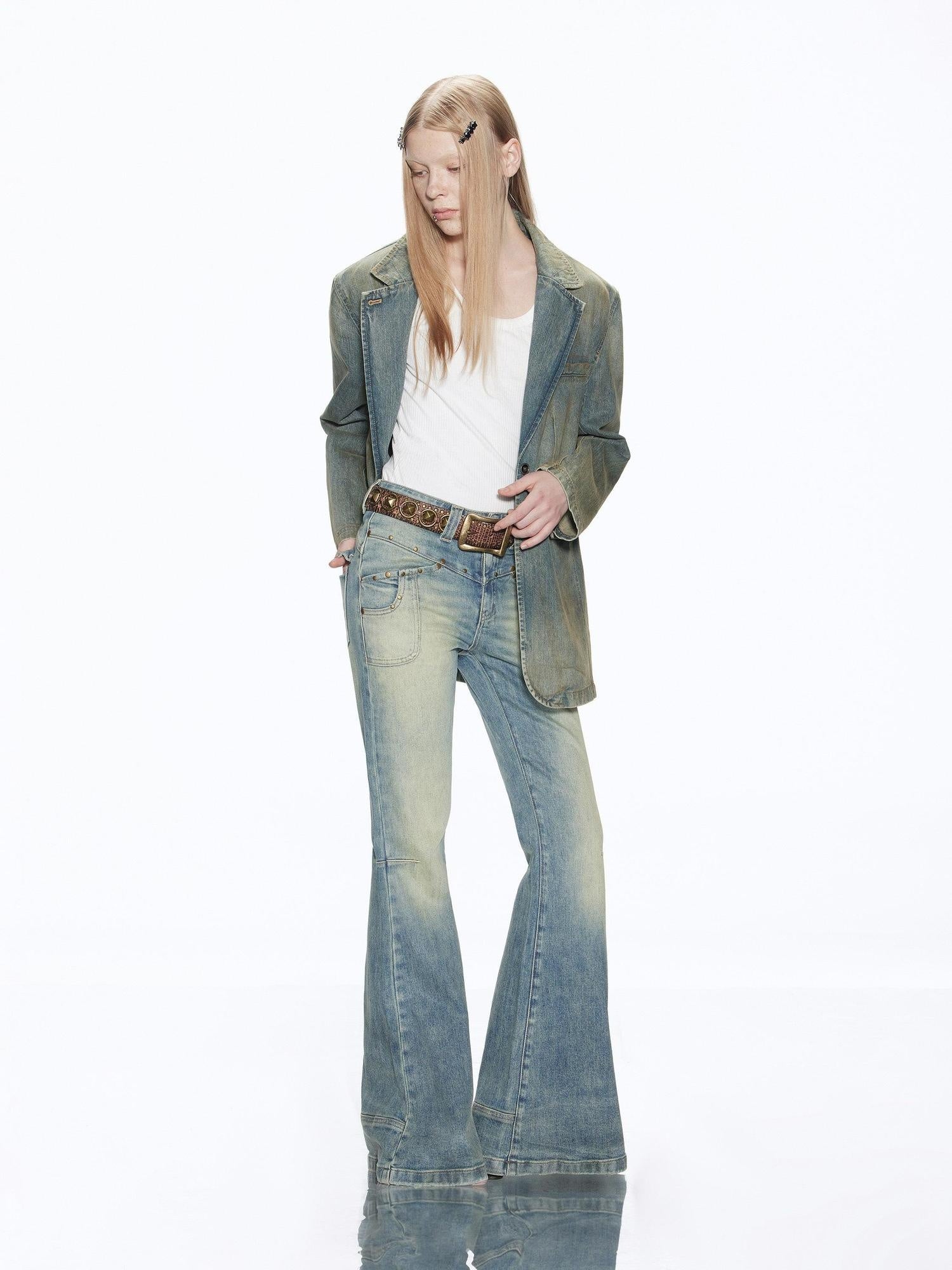 RUN TO THE FUTURE Vintage Washed Low Rise Slim Fit Slight Stretch Women Denim Blue Flare Jeans
