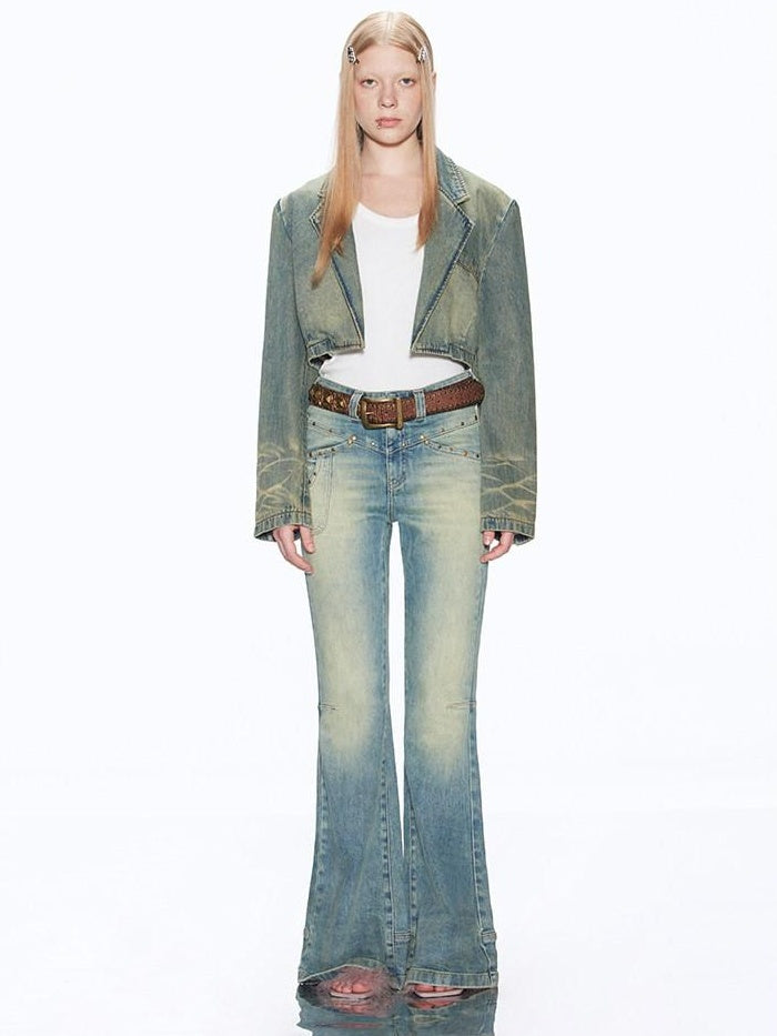 RUN TO THE FUTURE Vintage Washed Low Rise Slim Fit Slight Stretch Women Denim Blue Flare Jeans