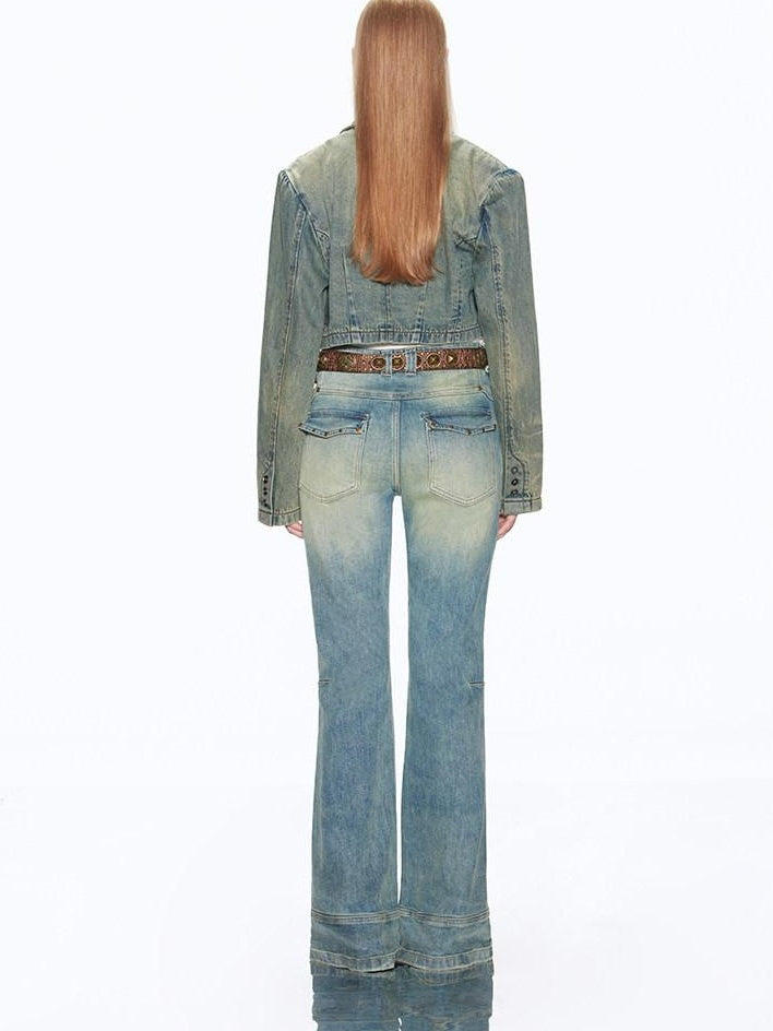 RUN TO THE FUTURE Vintage Washed Low Rise Slim Fit Slight Stretch Women Denim Blue Flare Jeans