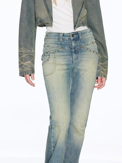 RUN TO THE FUTURE Vintage Washed Low Rise Slim Fit Slight Stretch Women Denim Blue Flare Jeans