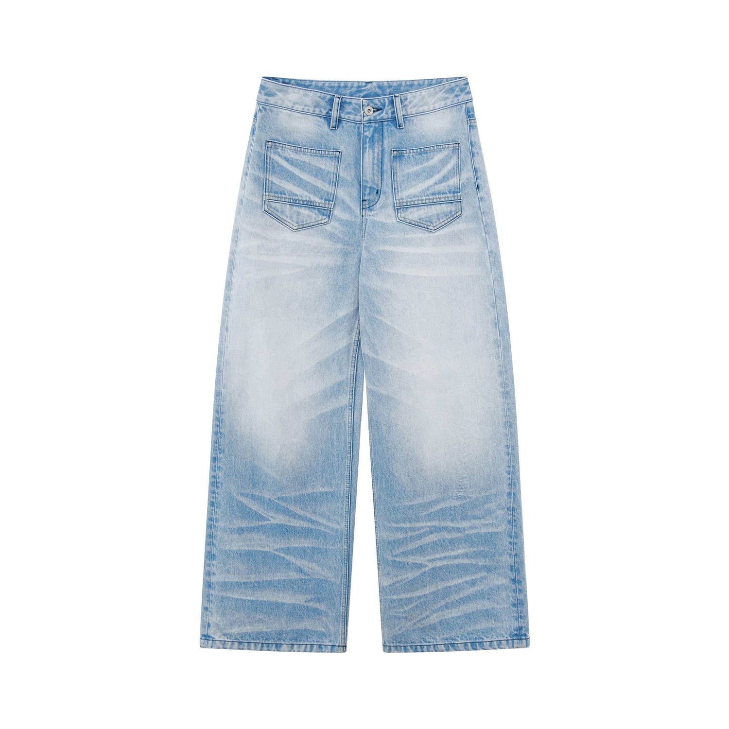 RUN TO THE FUTURE Vintage Washed Natural Waist Boxy Unisex Cotton Denim Blue Wide-Leg Jeans
