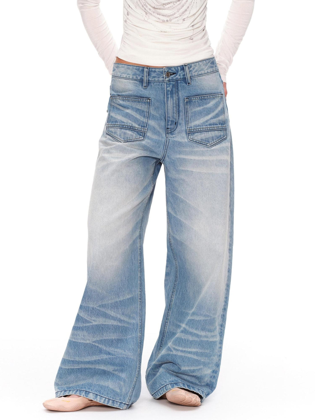 RUN TO THE FUTURE Vintage Washed Natural Waist Boxy Unisex Cotton Denim Blue Wide-Leg Jeans
