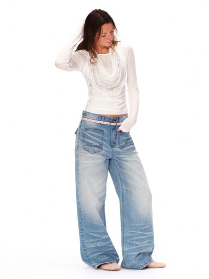 RUN TO THE FUTURE Vintage Washed Natural Waist Boxy Unisex Cotton Denim Blue Wide-Leg Jeans