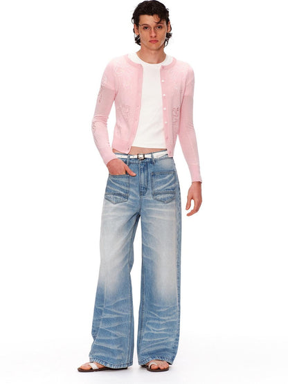 RUN TO THE FUTURE Vintage Washed Natural Waist Boxy Unisex Cotton Denim Blue Wide-Leg Jeans