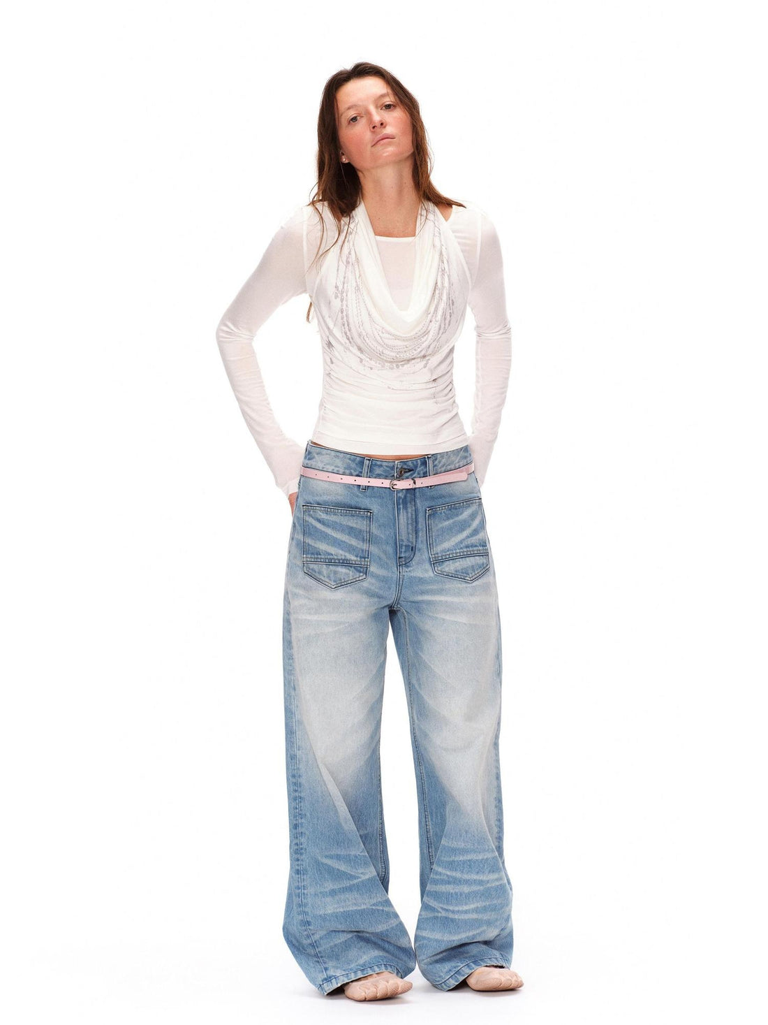 RUN TO THE FUTURE Vintage Washed Natural Waist Boxy Unisex Cotton Denim Blue Wide-Leg Jeans