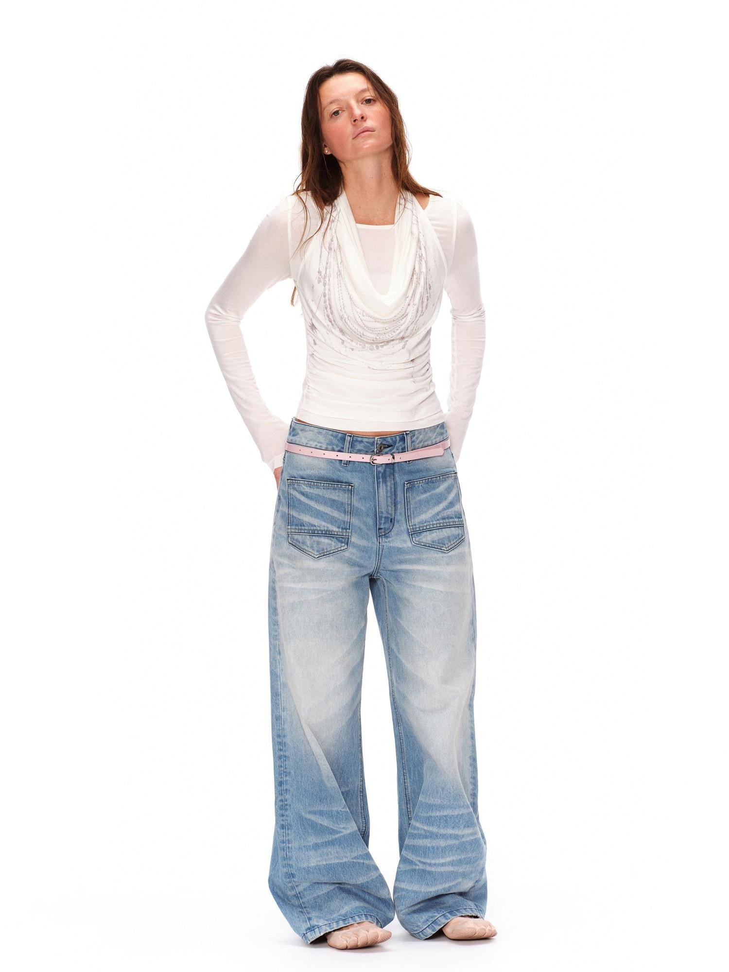 RUN TO THE FUTURE Vintage Washed Natural Waist Boxy Unisex Cotton Denim Blue Wide-Leg Jeans