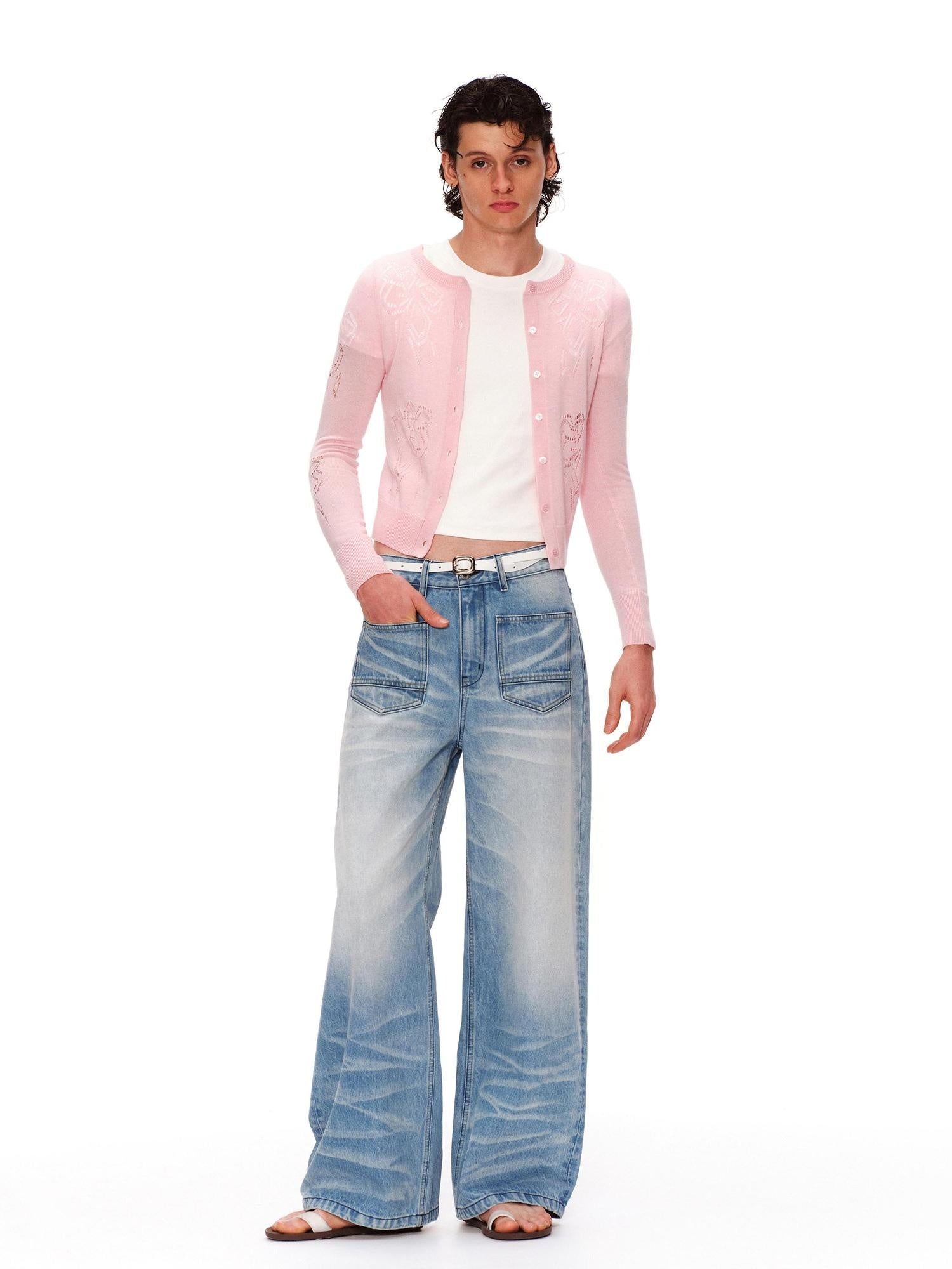 RUN TO THE FUTURE Vintage Washed Natural Waist Boxy Unisex Cotton Denim Blue Wide-Leg Jeans