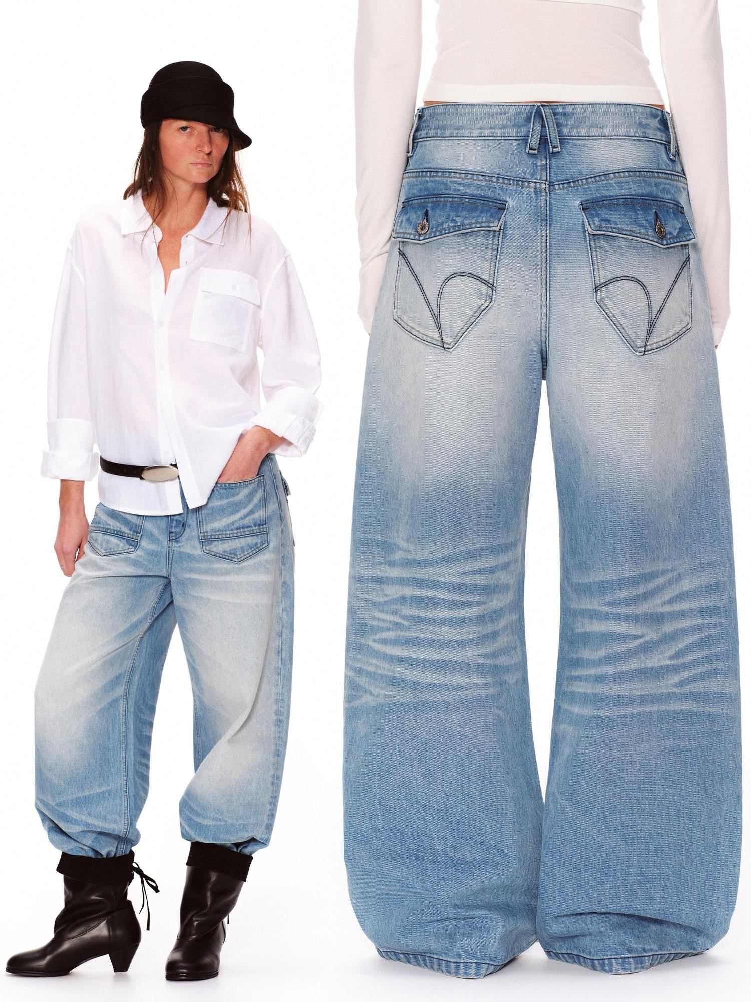 RUN TO THE FUTURE Vintage Washed Natural Waist Boxy Unisex Cotton Denim Blue Wide-Leg Jeans