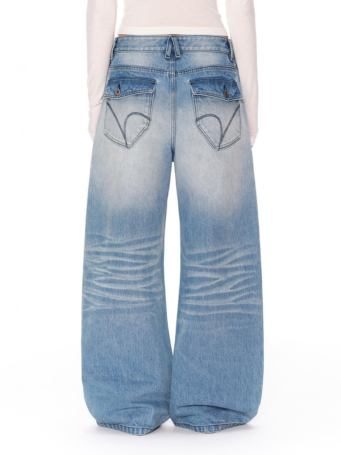 RUN TO THE FUTURE Vintage Washed Natural Waist Boxy Unisex Cotton Denim Blue Wide-Leg Jeans