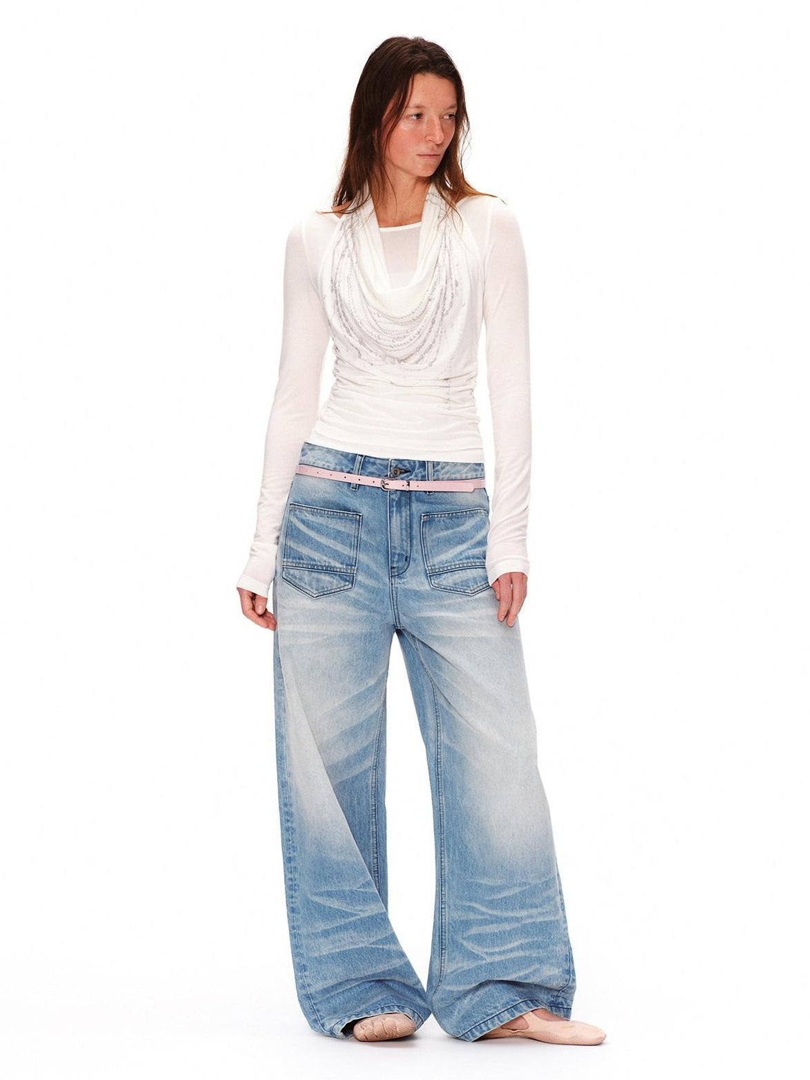 RUN TO THE FUTURE Vintage Washed Natural Waist Boxy Unisex Cotton Denim Blue Wide-Leg Jeans
