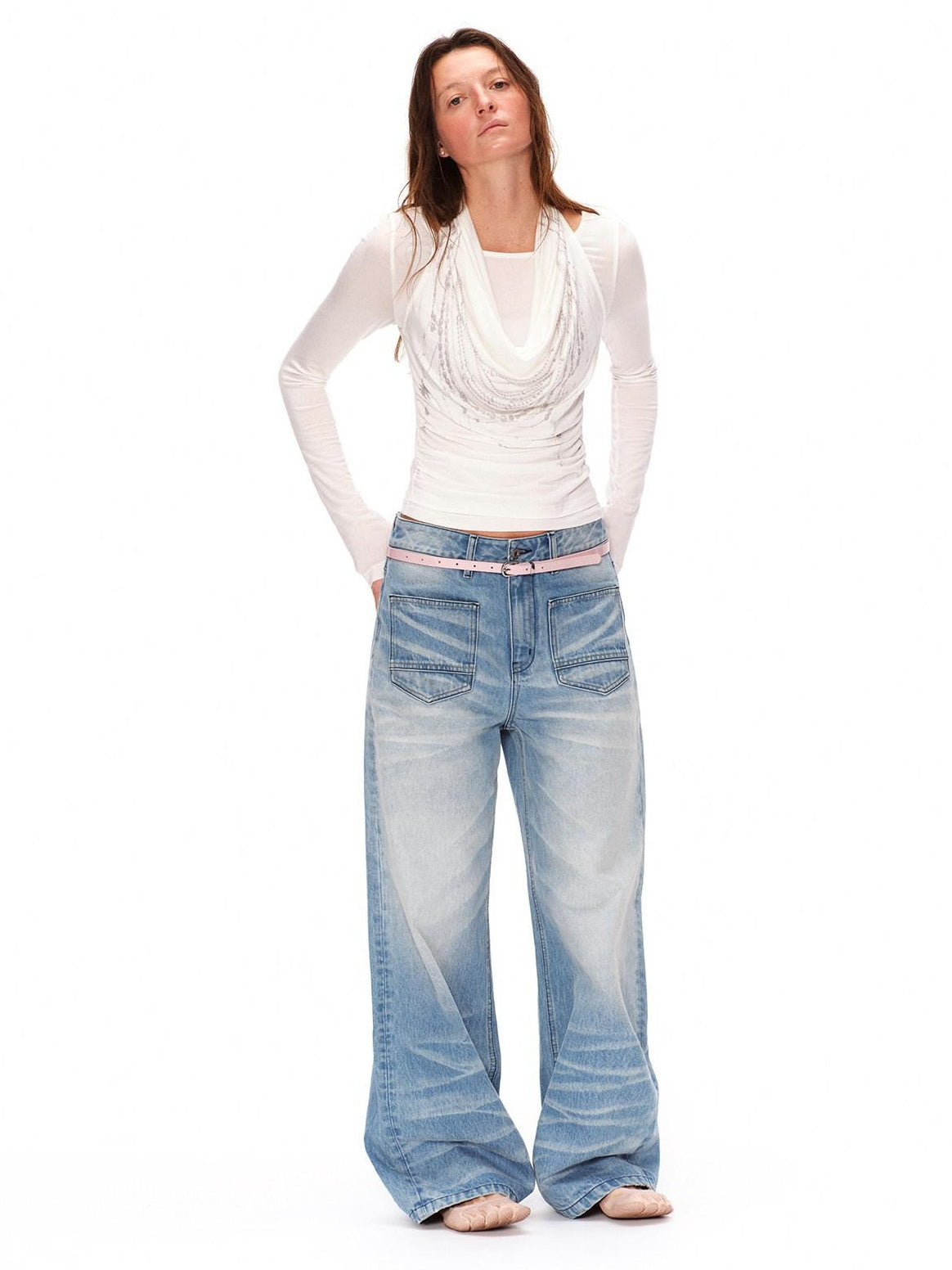 RUN TO THE FUTURE Vintage Washed Natural Waist Boxy Unisex Cotton Denim Blue Wide-Leg Jeans