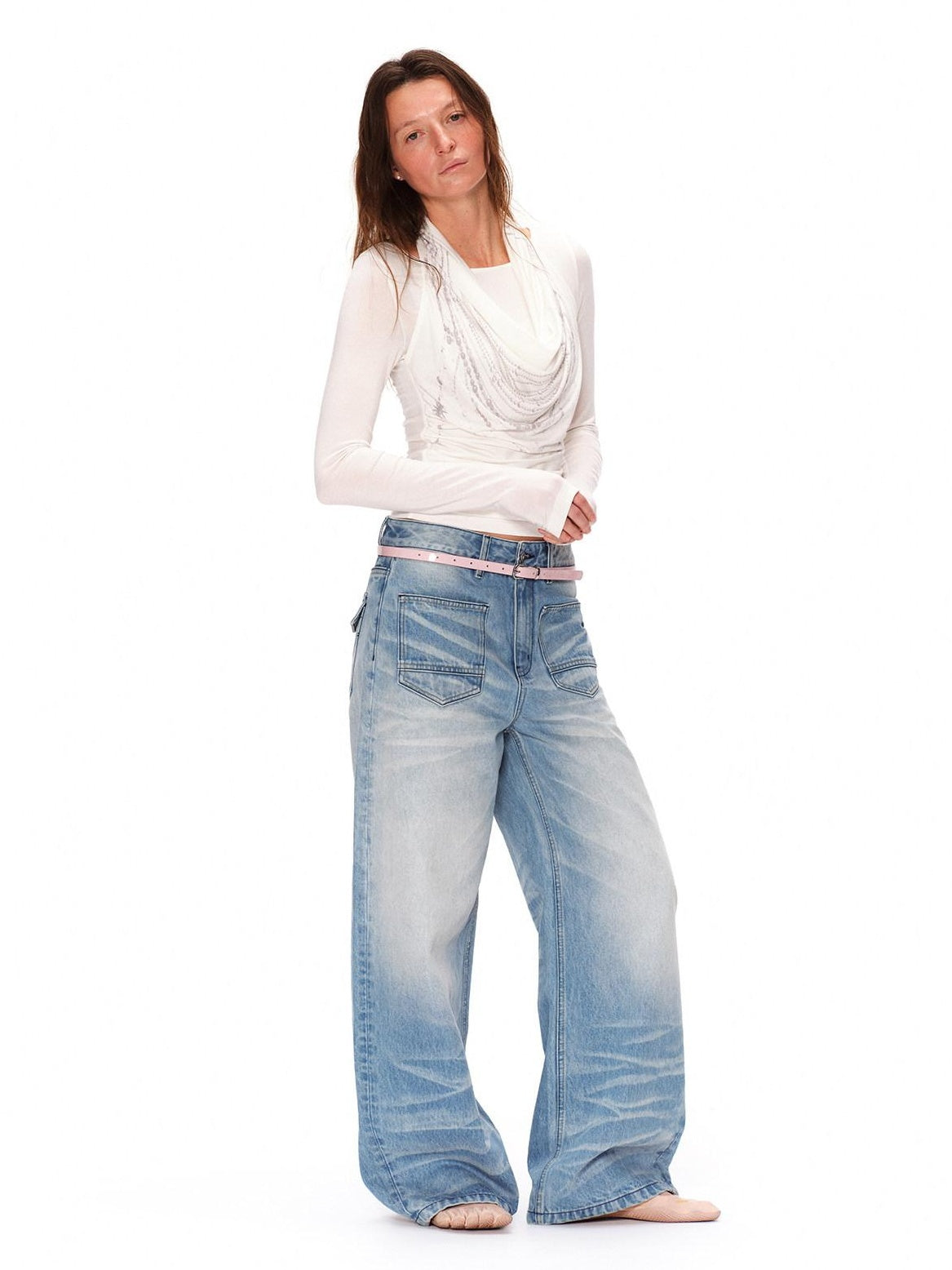 RUN TO THE FUTURE Vintage Washed Natural Waist Boxy Unisex Cotton Denim Blue Wide-Leg Jeans