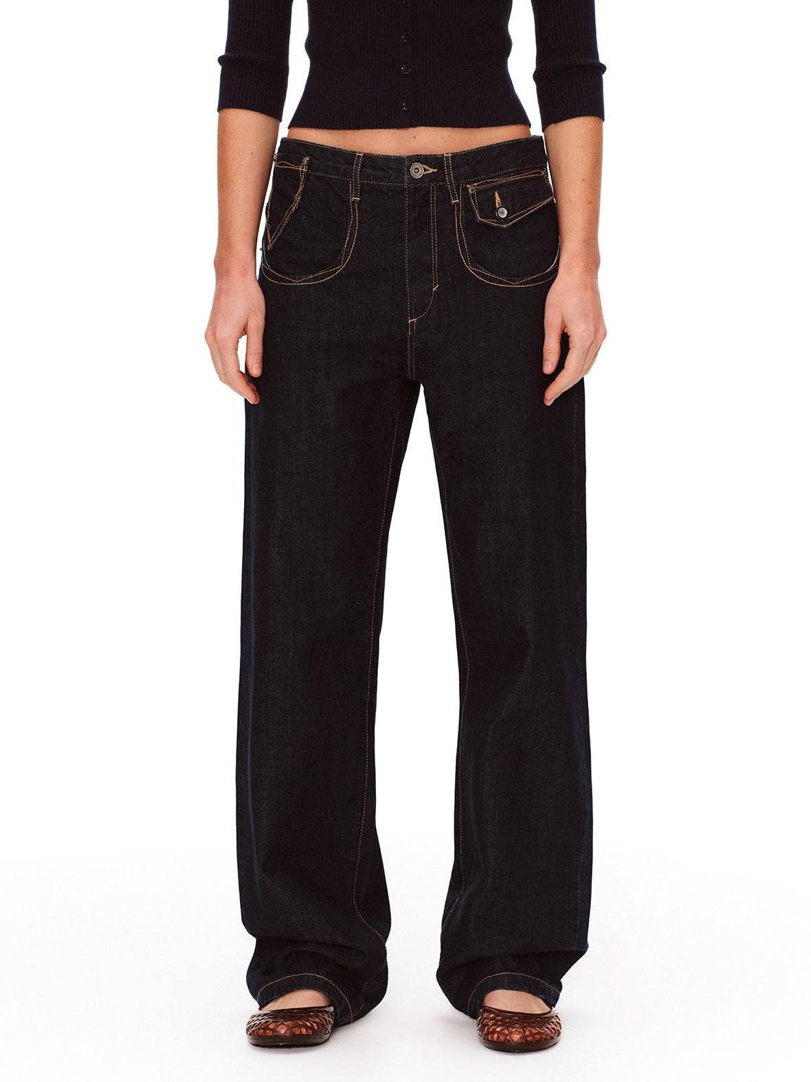 RUN TO THE FUTURE Vintage Washed Natural Waist Pocket Detail Womens Cotton Dark Straight Jeans
