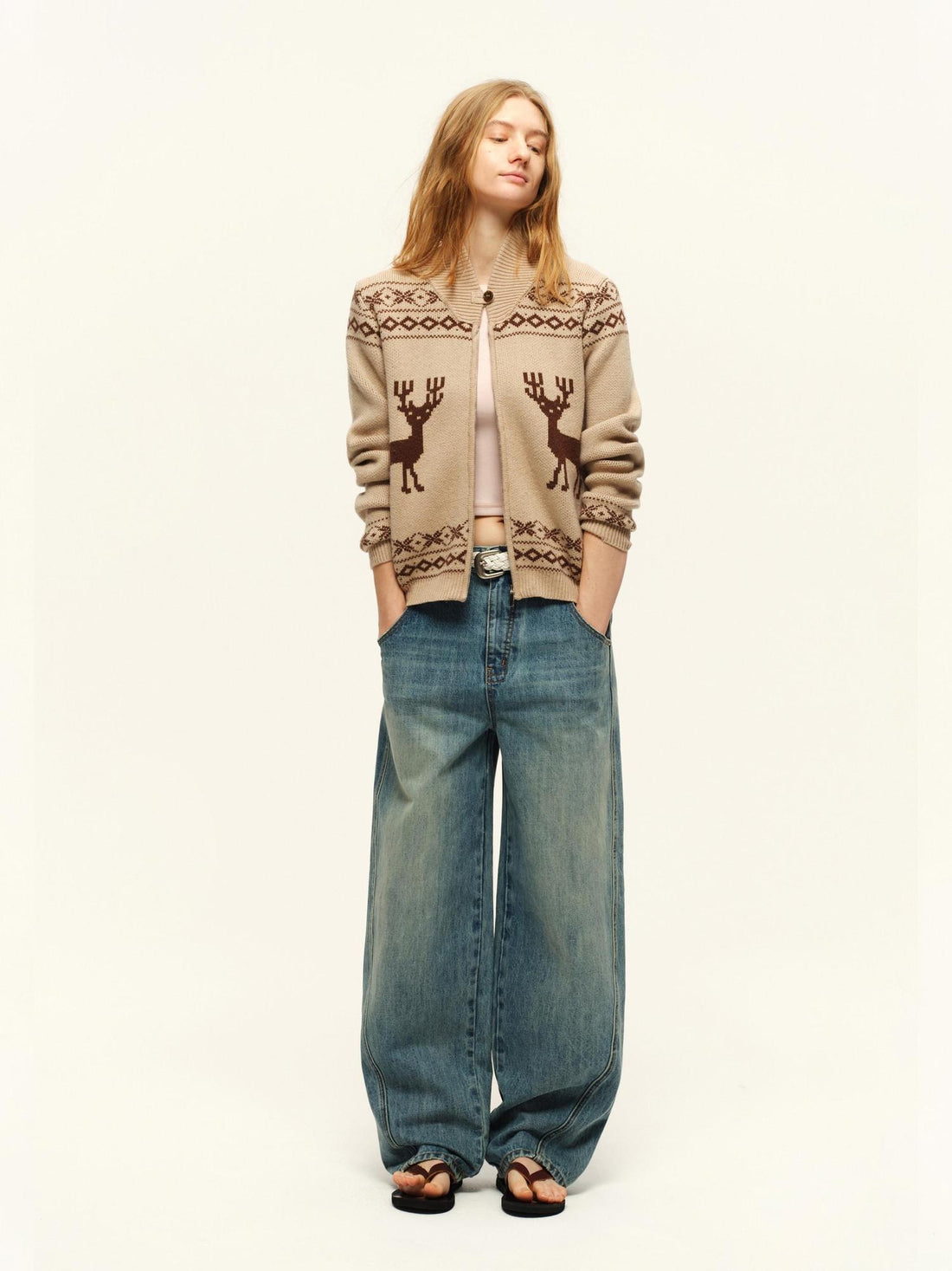 RUN TO THE FUTURE Vintage Washed Natural Waist Zipper Relaxed Unisex Denim Wide-Leg Jeans