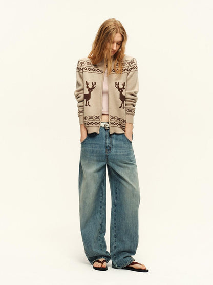 RUN TO THE FUTURE Vintage Washed Natural Waist Zipper Relaxed Unisex Denim Wide-Leg Jeans