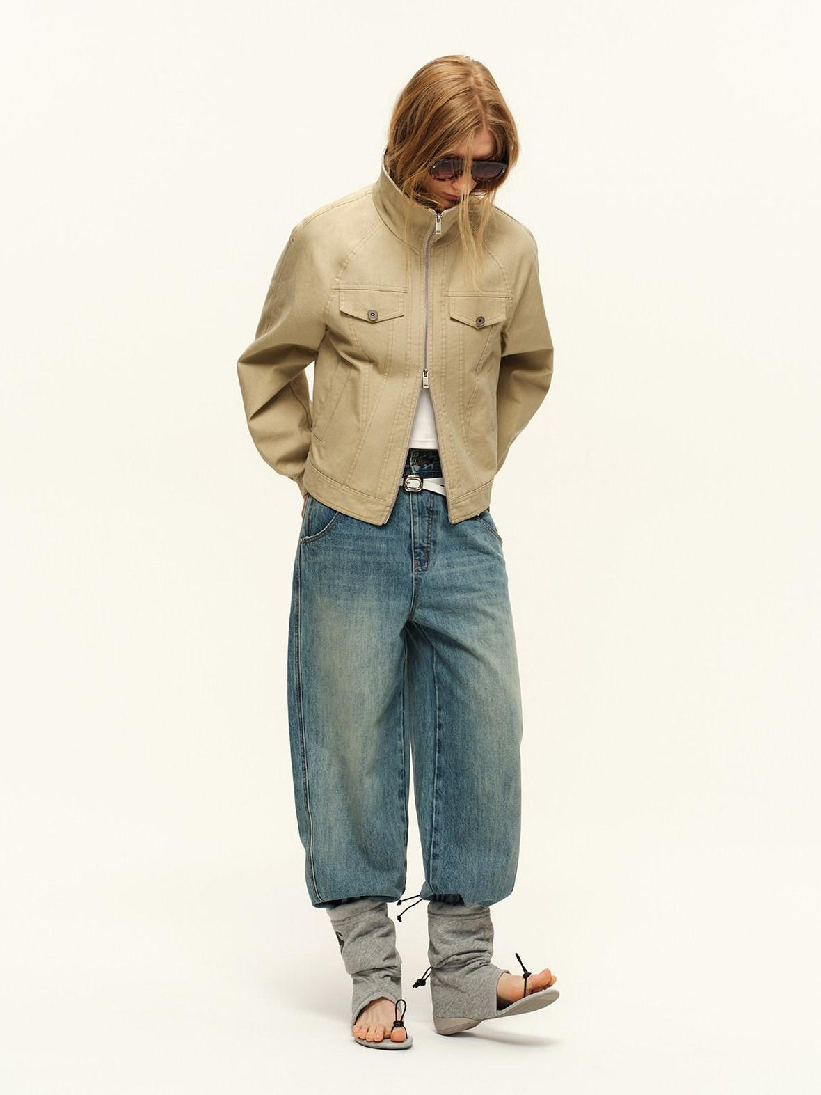RUN TO THE FUTURE Vintage Washed Natural Waist Zipper Relaxed Unisex Denim Wide-Leg Jeans