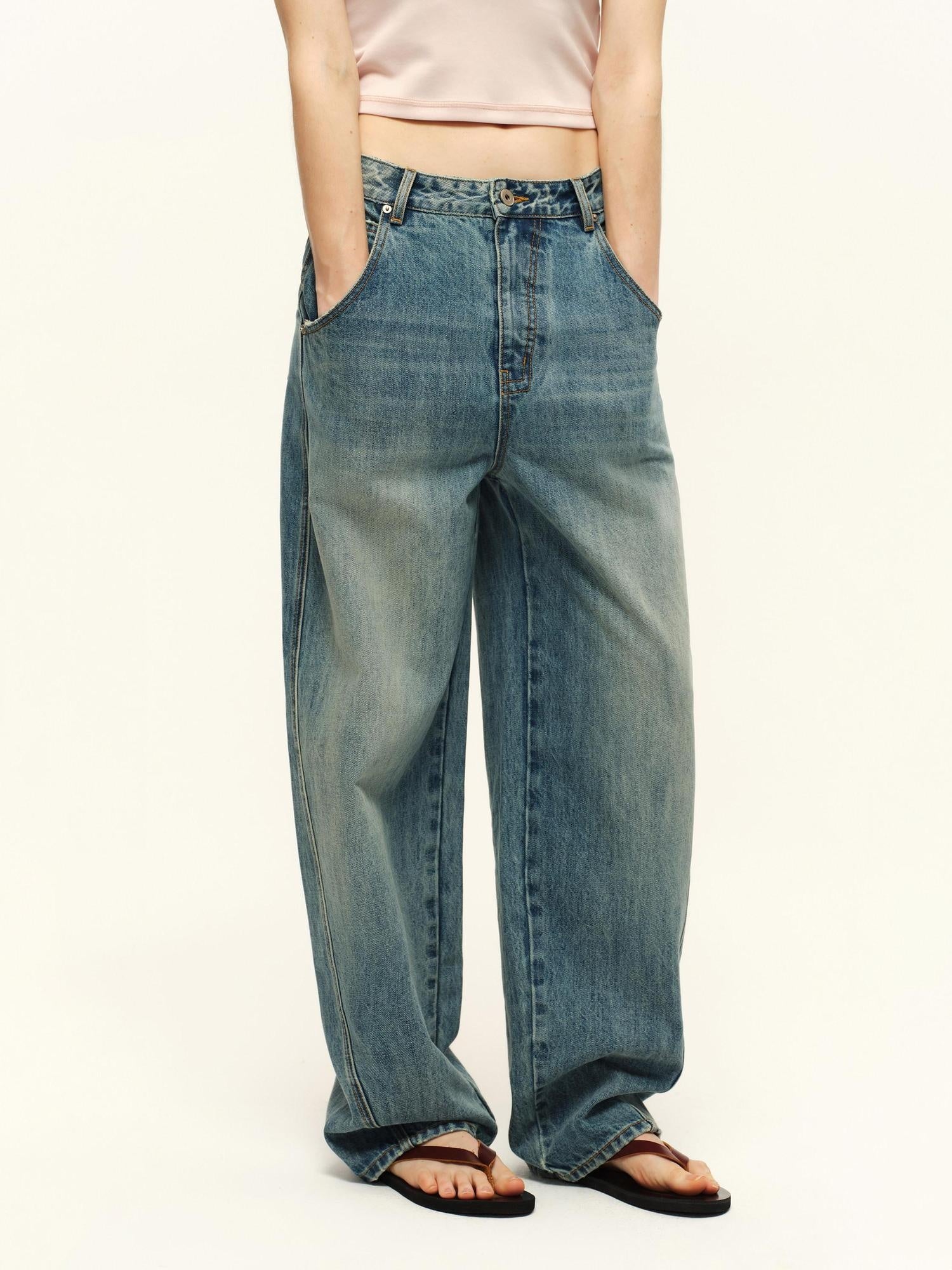 RUN TO THE FUTURE Vintage Washed Natural Waist Zipper Relaxed Unisex Denim Wide-Leg Jeans