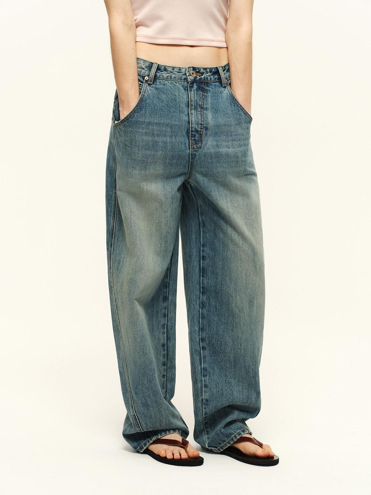 RUN TO THE FUTURE Vintage Washed Natural Waist Zipper Relaxed Unisex Denim Wide-Leg Jeans