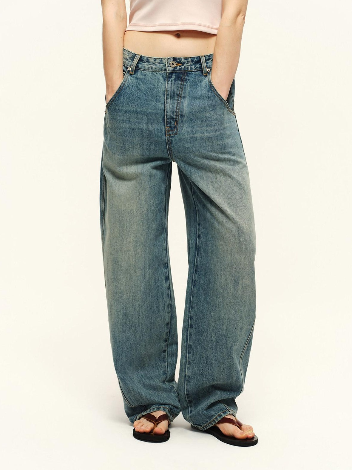 RUN TO THE FUTURE Vintage Washed Natural Waist Zipper Relaxed Unisex Denim Wide-Leg Jeans
