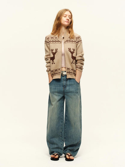 RUN TO THE FUTURE Vintage Washed Natural Waist Zipper Relaxed Unisex Denim Wide-Leg Jeans