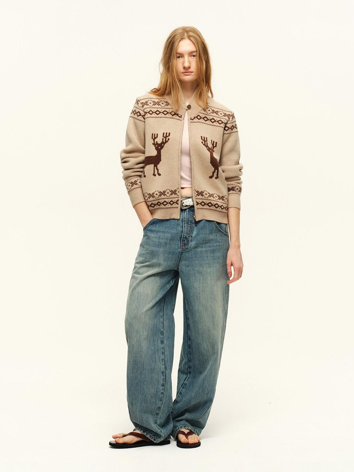 RUN TO THE FUTURE Vintage Washed Natural Waist Zipper Relaxed Unisex Denim Wide-Leg Jeans