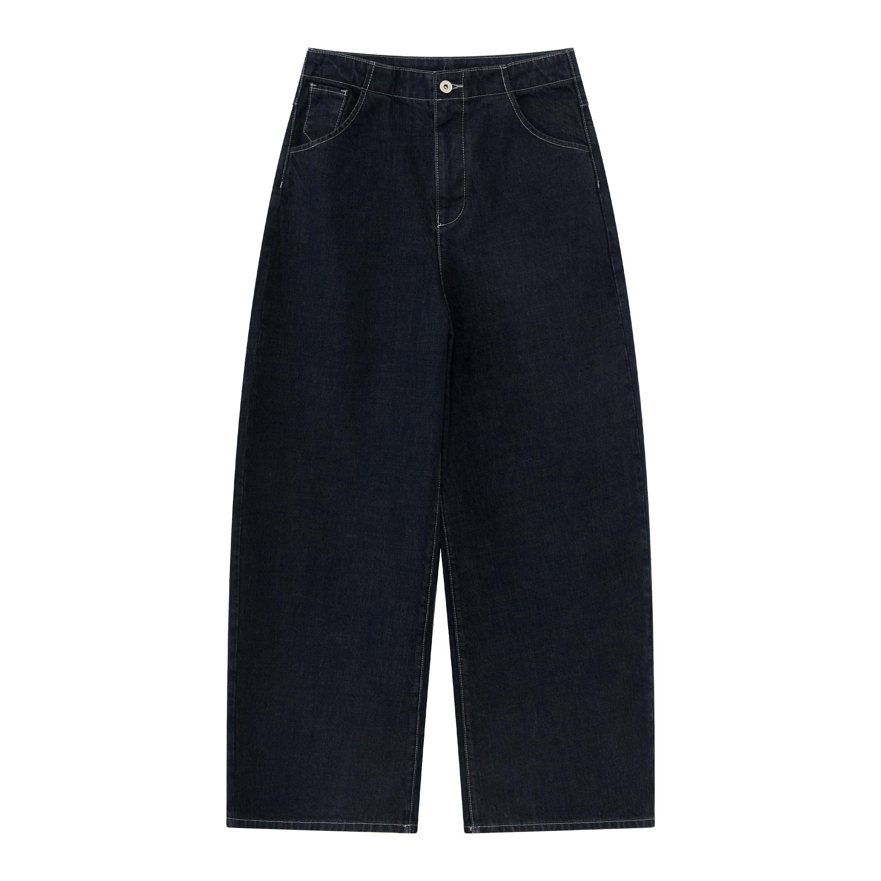 RUN TO THE FUTURE Vintage Washed Natural Waist Zipper Unisex Relaxed Cotton Raw Wide-Leg Jeans