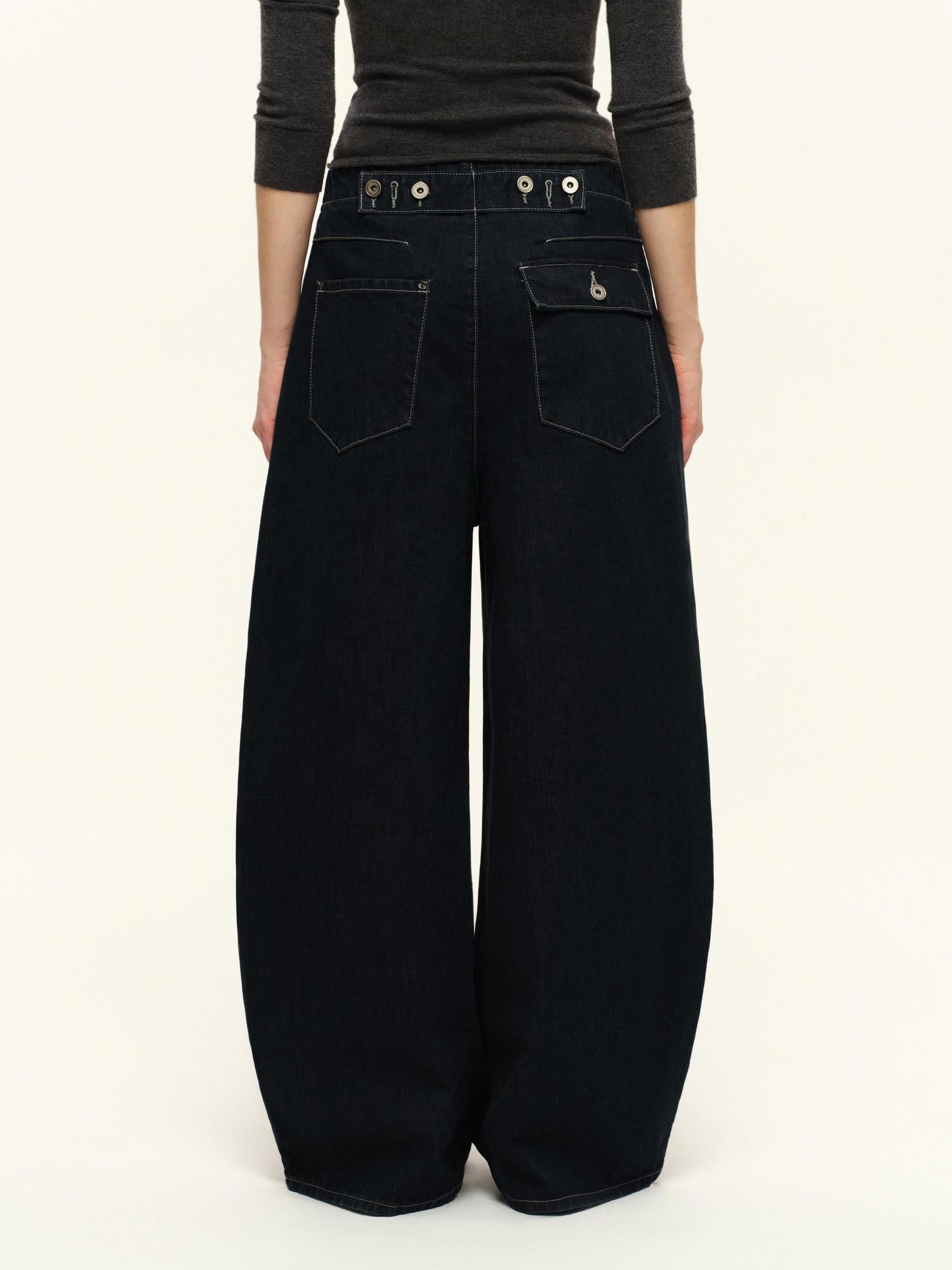 RUN TO THE FUTURE Vintage Washed Natural Waist Zipper Unisex Relaxed Cotton Raw Wide-Leg Jeans