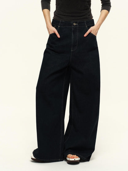 RUN TO THE FUTURE Vintage Washed Natural Waist Zipper Unisex Relaxed Cotton Raw Wide-Leg Jeans