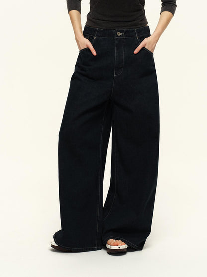 RUN TO THE FUTURE Vintage Washed Natural Waist Zipper Unisex Relaxed Cotton Raw Wide-Leg Jeans
