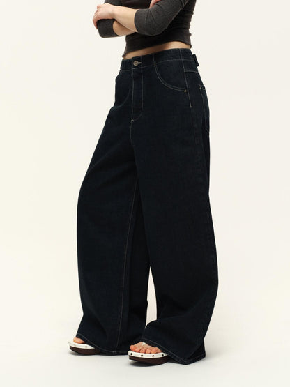 RUN TO THE FUTURE Vintage Washed Natural Waist Zipper Unisex Relaxed Cotton Raw Wide-Leg Jeans