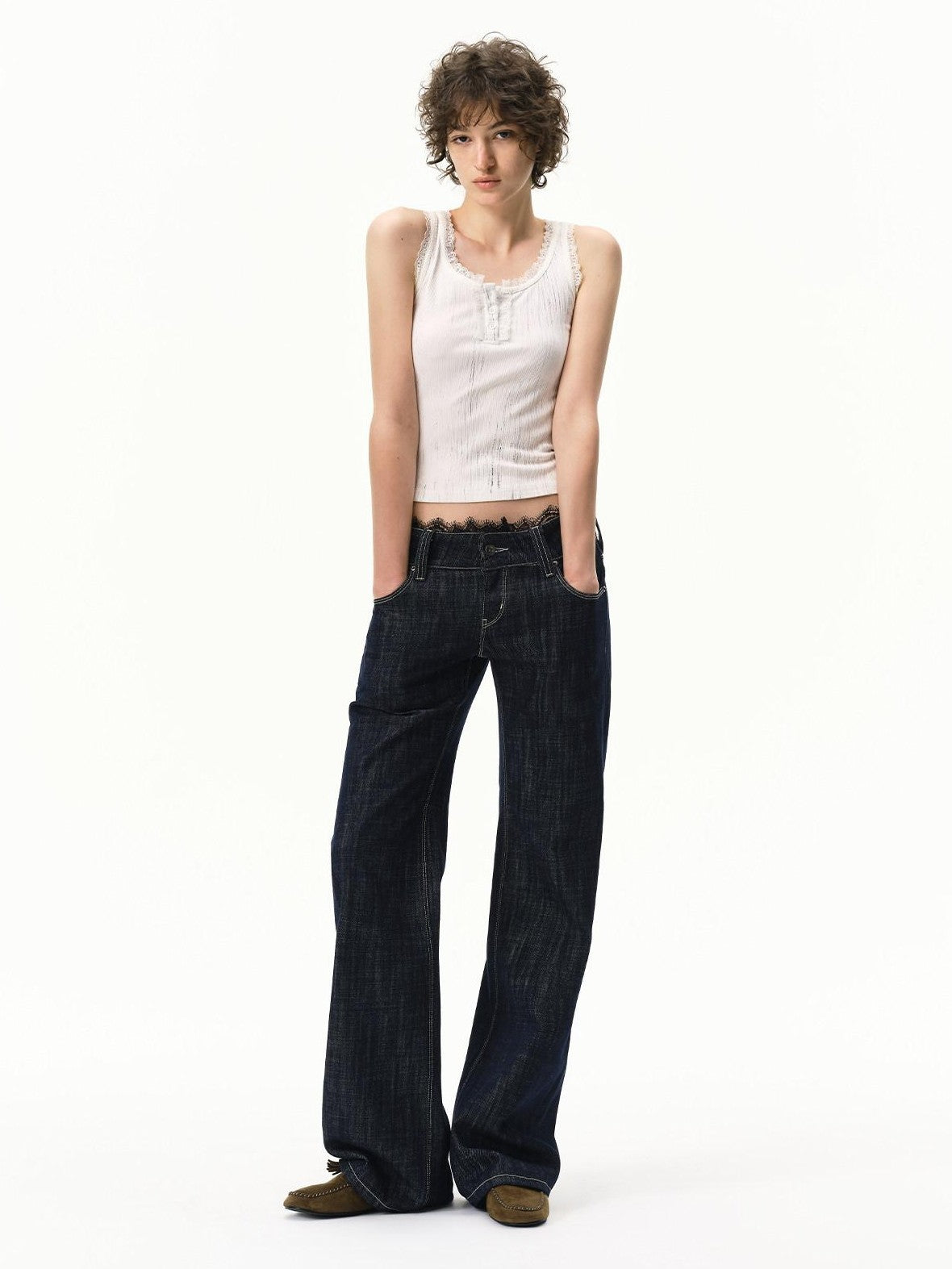 RUN TO THE FUTURE Vintage Washed Vertical Stripe Lace Waist Women&