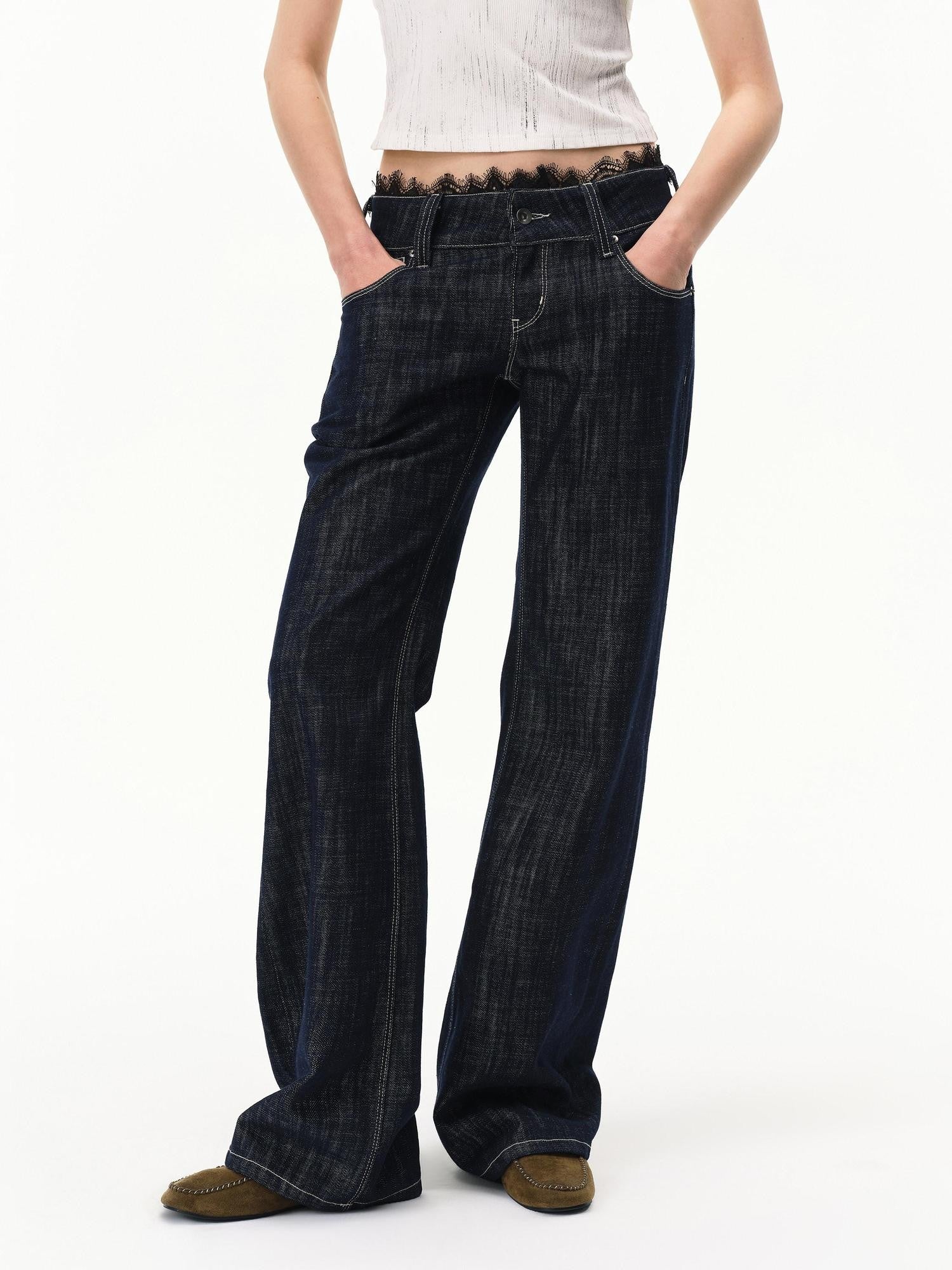 RUN TO THE FUTURE Vintage Washed Vertical Stripe Lace Waist Women&