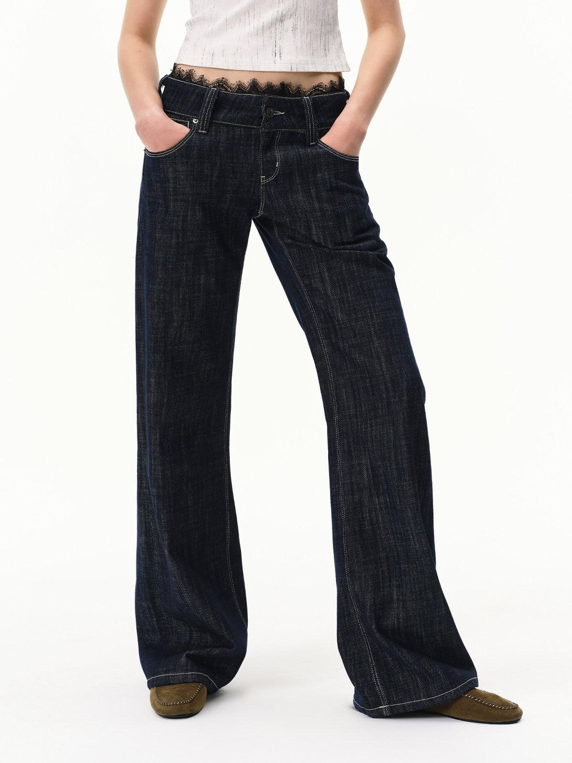 RUN TO THE FUTURE Vintage Washed Vertical Stripe Lace Waist Women&