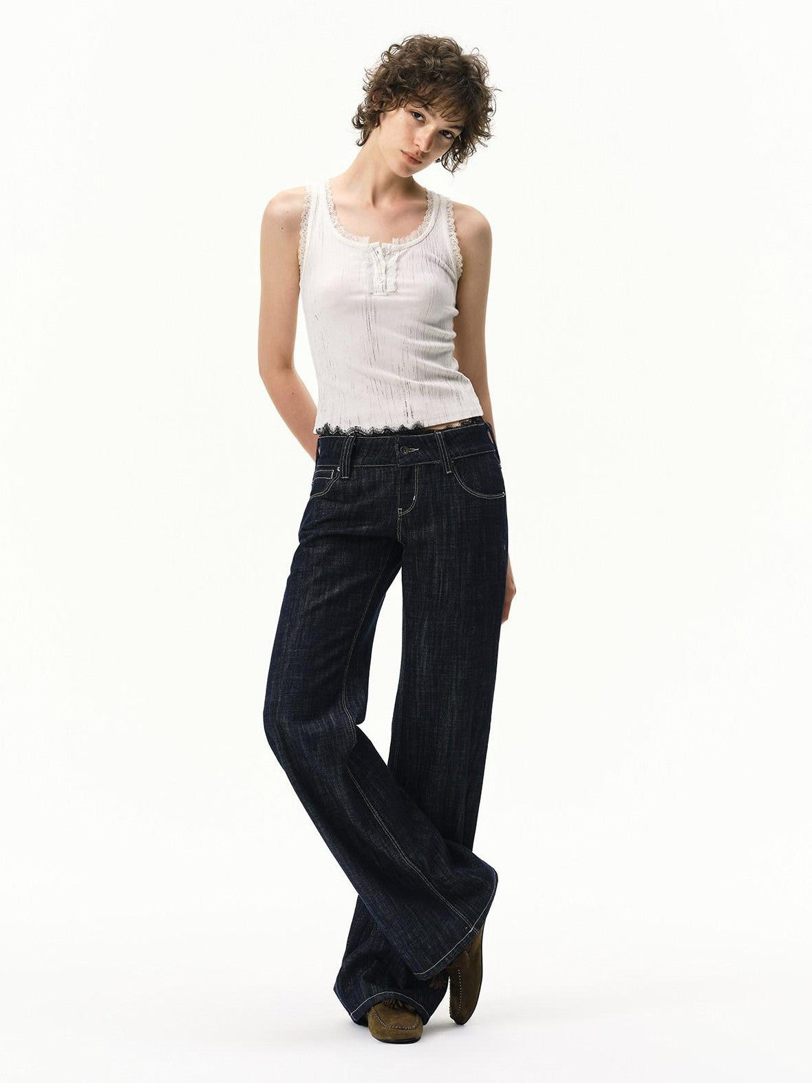 RUN TO THE FUTURE Vintage Washed Vertical Stripe Lace Waist Women&