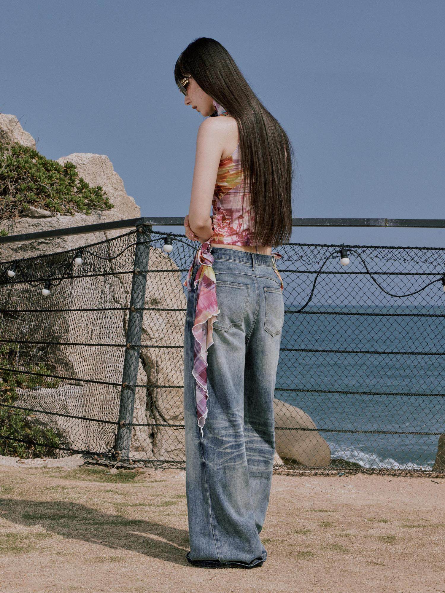 RUN TO THE FUTURE Vintage Whiskered Low Rise Loose Fit Women Denim Zipper Fly Straight Jeans