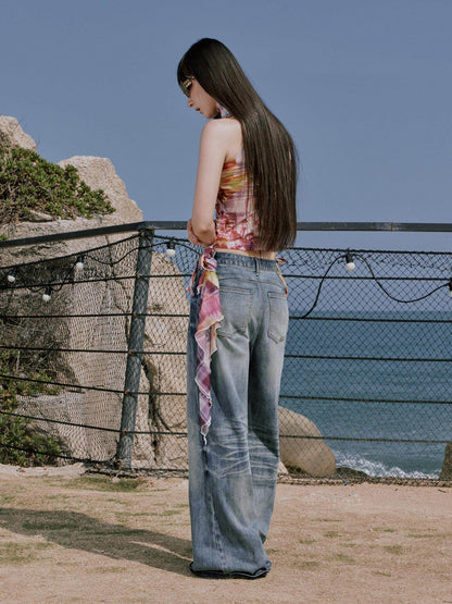 RUN TO THE FUTURE Vintage Whiskered Low Rise Loose Fit Women Denim Zipper Fly Straight Jeans